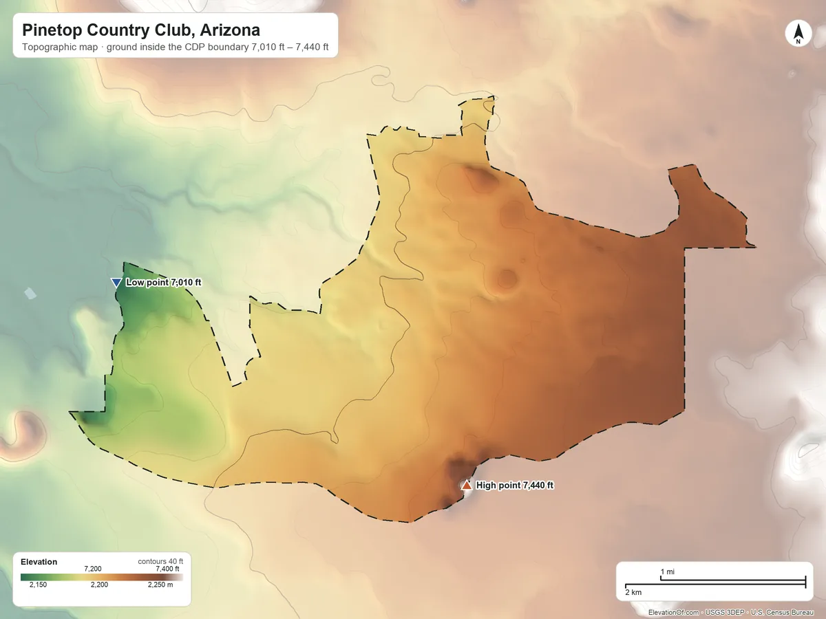 Topographic elevation map of Pinetop Country Club, Arizona, shaded from 7,010 ft on the west side to 7,440 ft on the southeast side