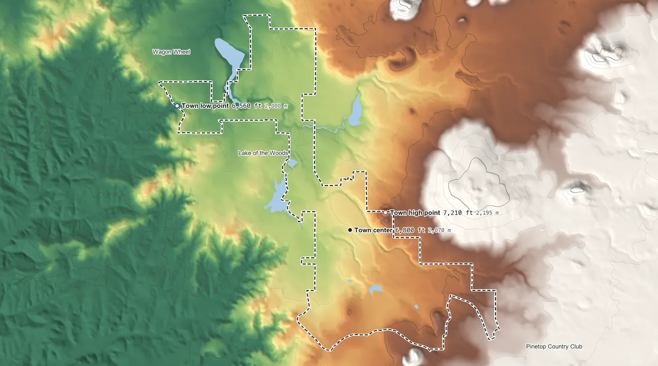 Topographic elevation map of Pinetop-Lakeside, Arizona, shaded from 6,560 ft on the northwest side to 7,206 ft on Springer Mountain