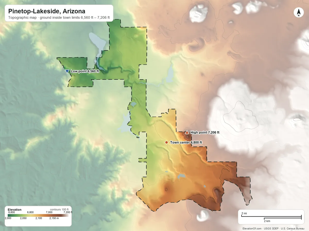 Topographic elevation map of Pinetop-Lakeside, Arizona, shaded from 6,560 ft on the northwest side to 7,206 ft on Springer Mountain