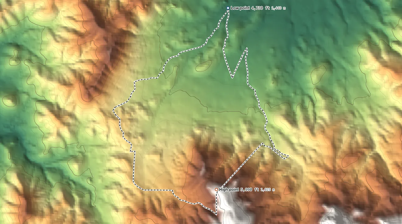 Topographic elevation map of Pinion Pines, Arizona, shaded from 4,730 ft on the northeast side to 5,990 ft at the foot of the Peacock Mountains