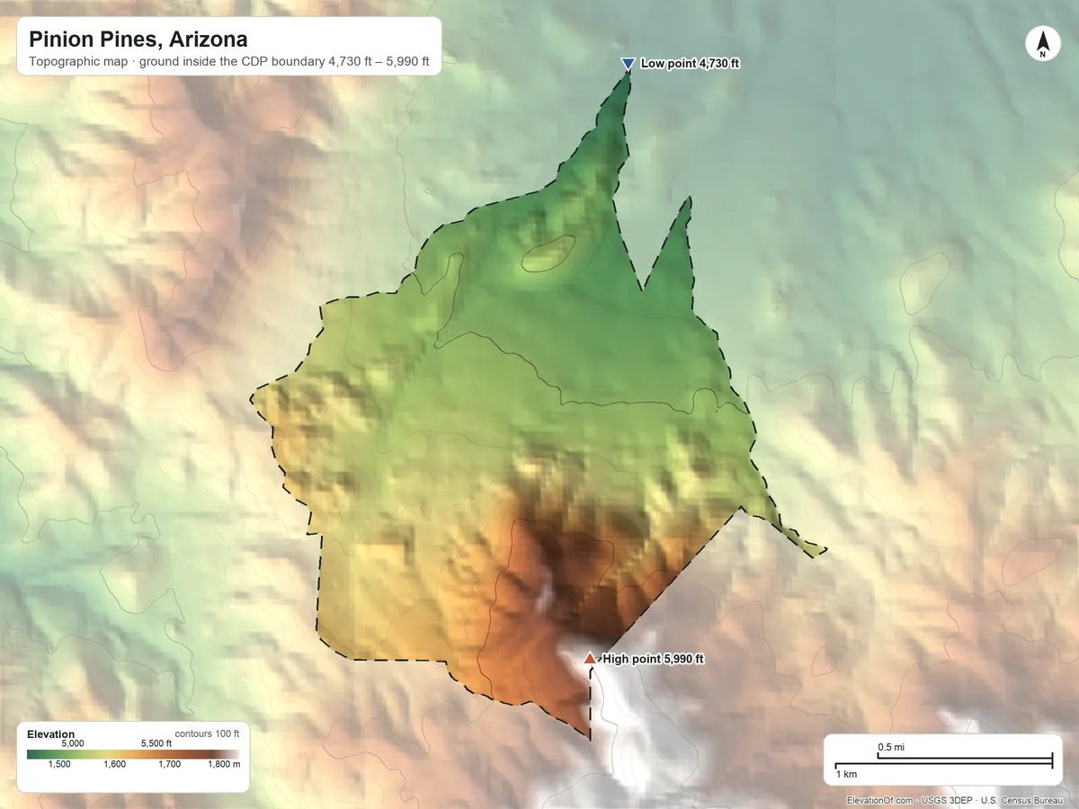 Topographic elevation map of Pinion Pines, Arizona, shaded from 4,730 ft on the northeast side to 5,990 ft at the foot of the Peacock Mountains