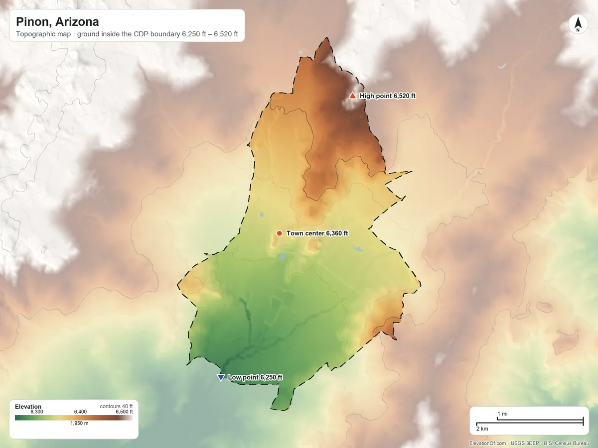 Topographic elevation map of Pinon, Arizona, shaded from 6,250 ft on the south side to 6,520 ft on the northeast side