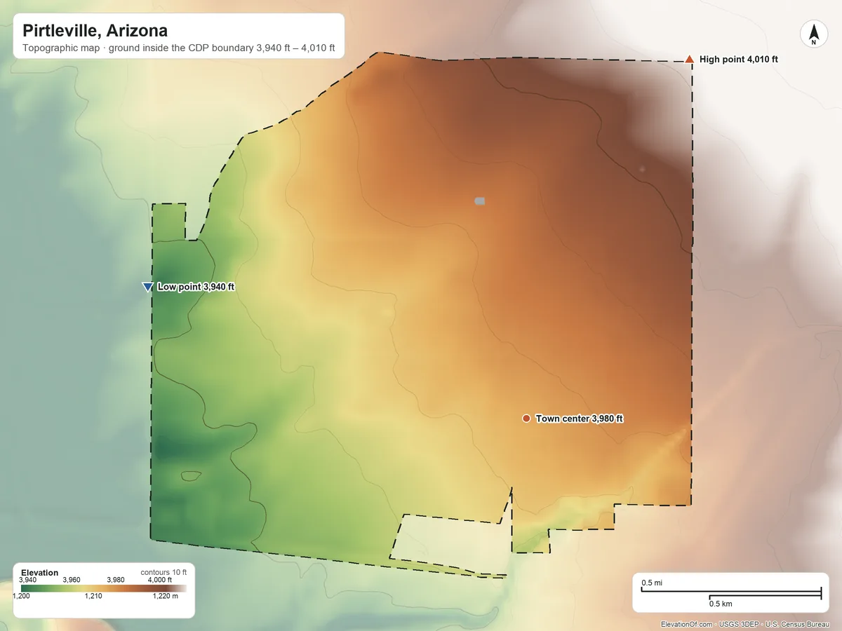 Topographic elevation map of Pirtleville, Arizona, shaded from 3,940 ft on the west side to 4,010 ft on the northeast side