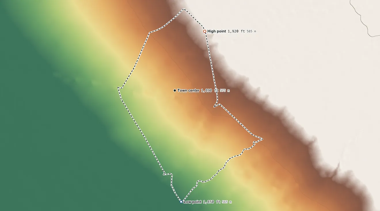 Topographic elevation map of Pisinemo, Arizona, shaded from 1,850 ft on the south side to 1,920 ft on the northeast side