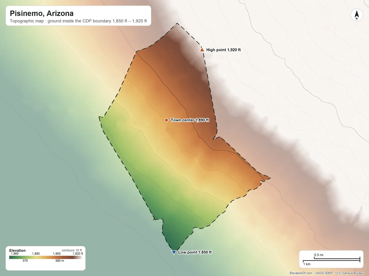 Topographic elevation map of Pisinemo, Arizona, shaded from 1,850 ft on the south side to 1,920 ft on the northeast side