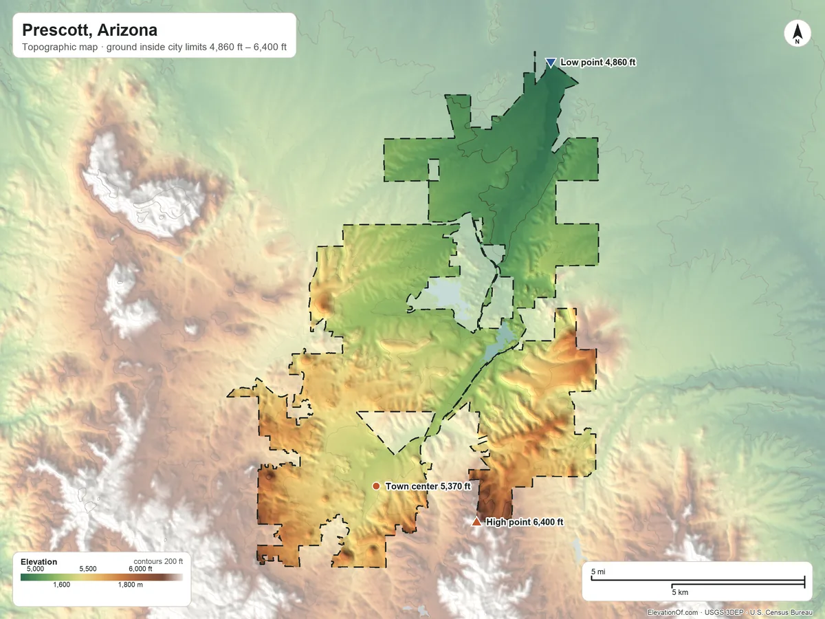 Topographic elevation map of Prescott, Arizona, shaded from 4,860 ft on the north side to 6,400 ft at the foot of the Sierra Prieta