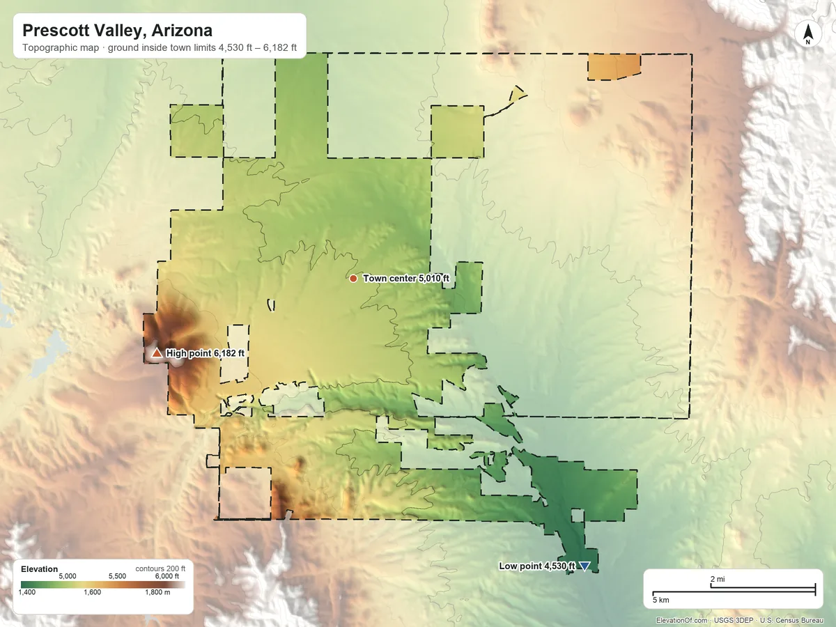 Topographic elevation map of Prescott Valley, Arizona, shaded from 4,530 ft on the southeast side to 6,182 ft on Glassford Hill
