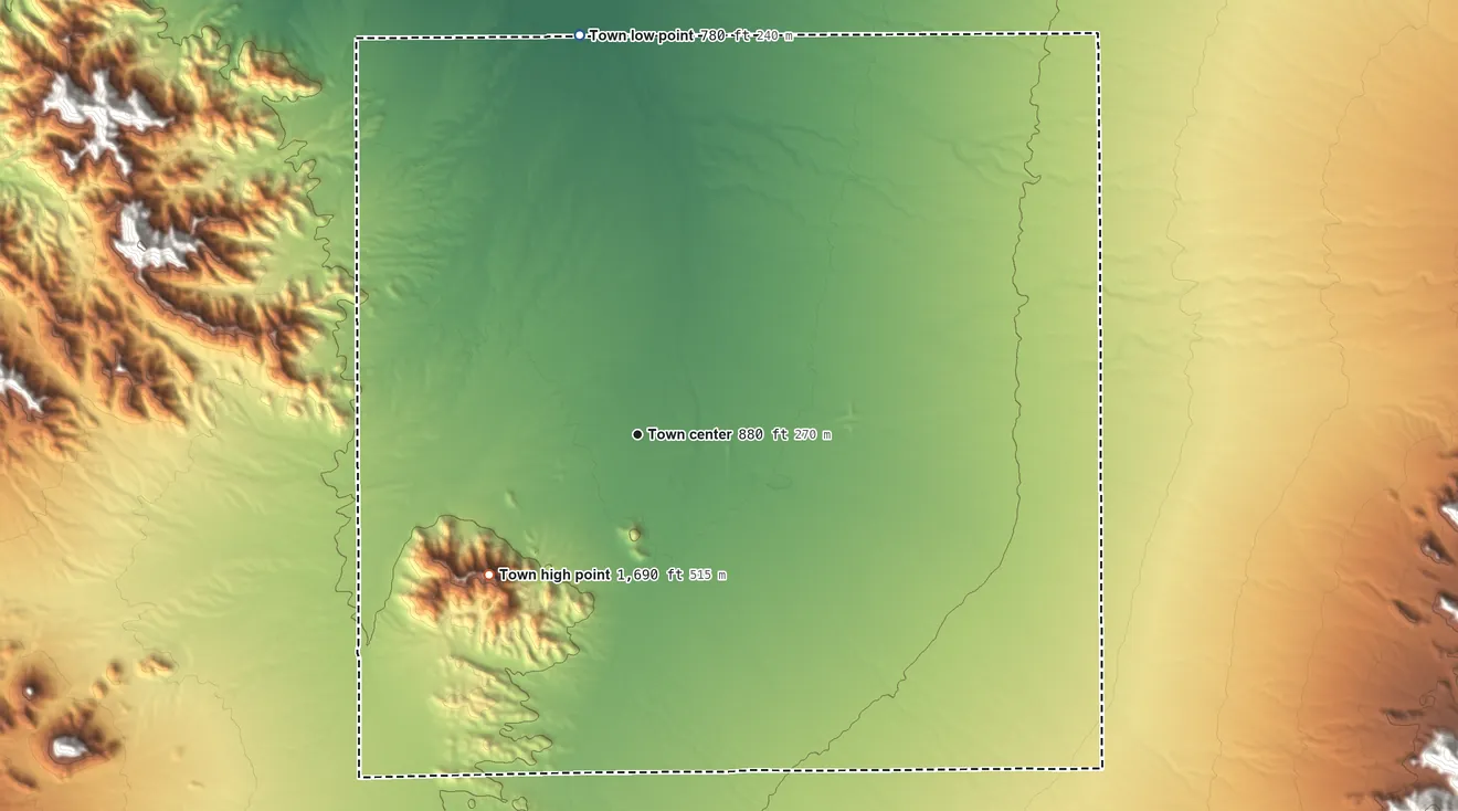 Topographic elevation map of Quartzsite, Arizona, shaded from 780 ft on the north side to 1,690 ft on Granite Mountain