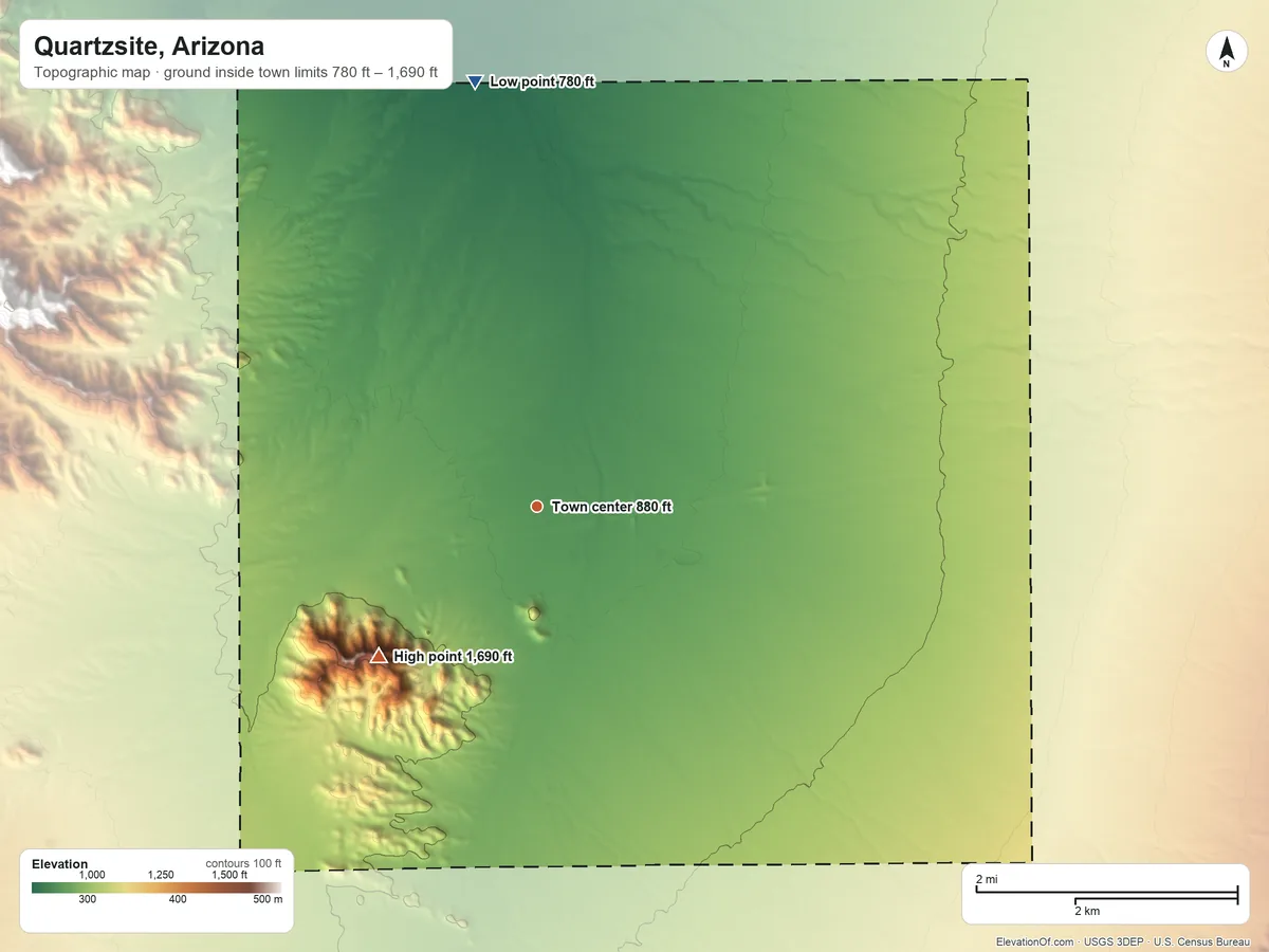 Topographic elevation map of Quartzsite, Arizona, shaded from 780 ft on the north side to 1,690 ft on Granite Mountain