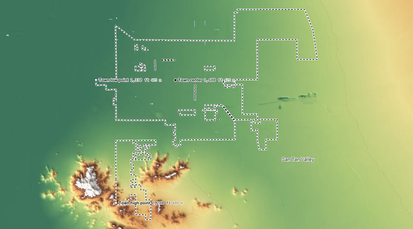 Topographic elevation map of Queen Creek, Arizona, shaded from 1,330 ft on the west side to 2,280 ft at the foot of the Sacaton Mountains