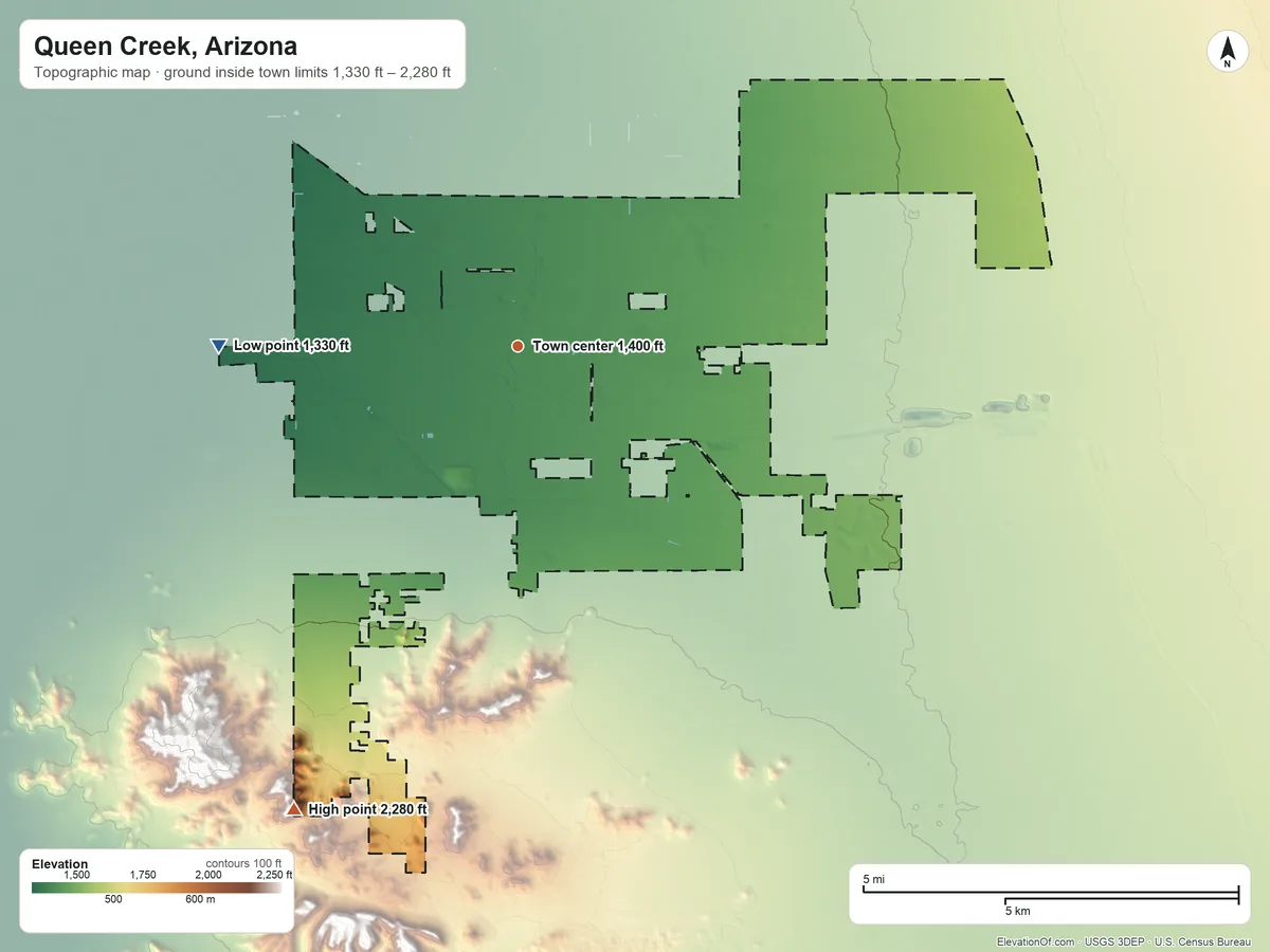 Topographic elevation map of Queen Creek, Arizona, shaded from 1,330 ft on the west side to 2,280 ft at the foot of the Sacaton Mountains