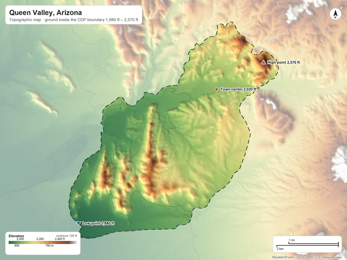 Topographic elevation map of Queen Valley, Arizona, shaded from 1,880 ft on the southwest side to 2,570 ft at the foot of the Superstition Mountains