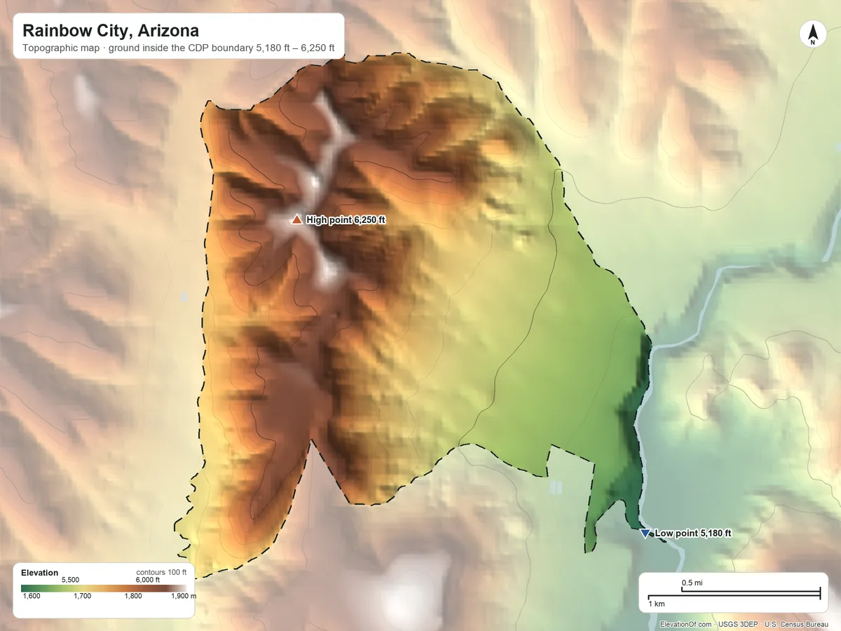 Topographic elevation map of Rainbow City, Arizona, shaded from 5,180 ft on the southeast side to 6,250 ft on the northwest side