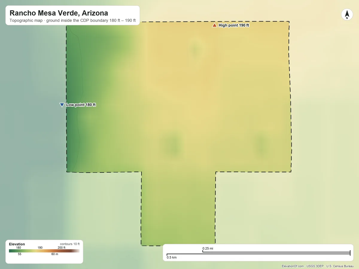 Topographic elevation map of Rancho Mesa Verde, Arizona, shaded from 180 ft on the west side to 190 ft on the northeast side