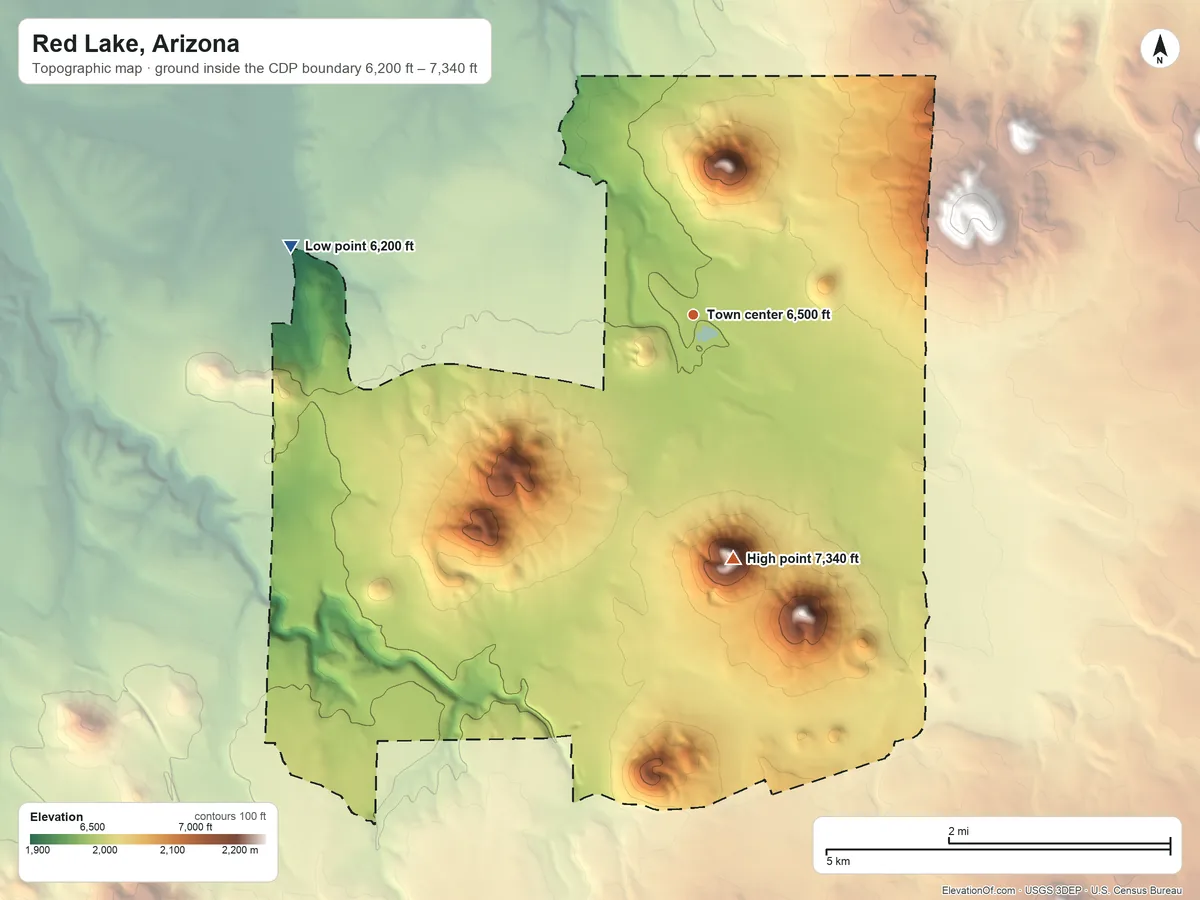 Topographic elevation map of Red Lake, Arizona, shaded from 6,200 ft on the west side to 7,340 ft on the south side