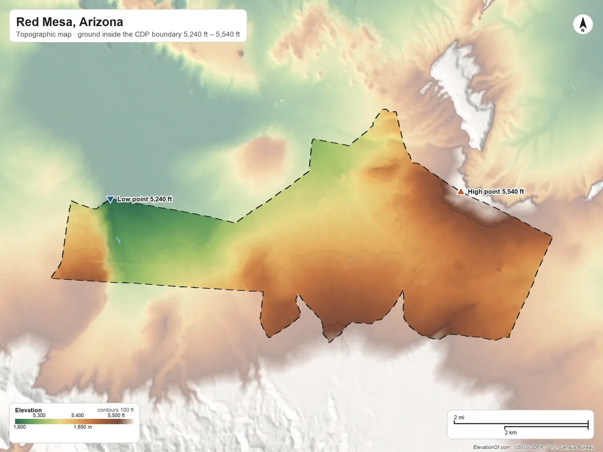 Topographic elevation map of Red Mesa, Arizona, shaded from 5,240 ft on the west side to 5,540 ft on the north side