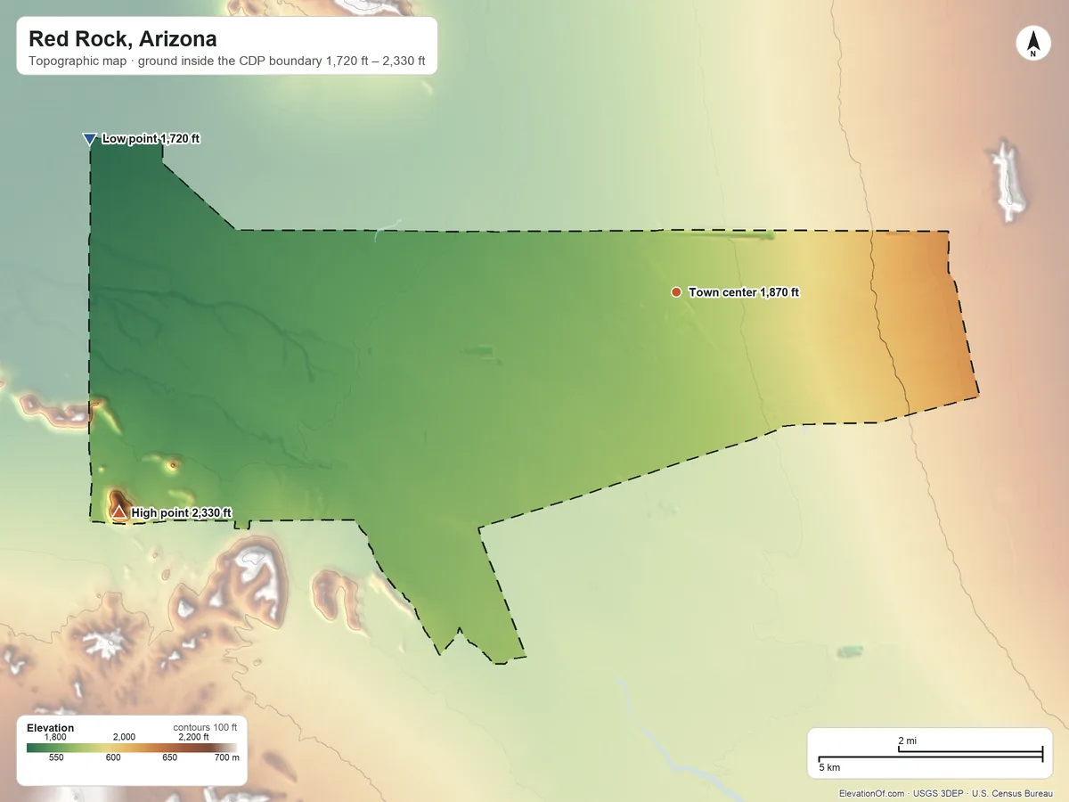 Topographic elevation map of Red Rock, Arizona, shaded from 1,720 ft on the west side to 2,330 ft on the west side