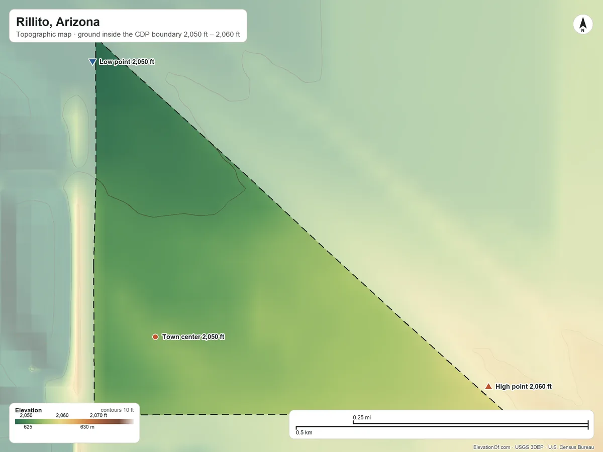 Topographic elevation map of Rillito, Arizona, shaded from 2,050 ft on the north side to 2,060 ft at the foot of the Tortolita Mountains