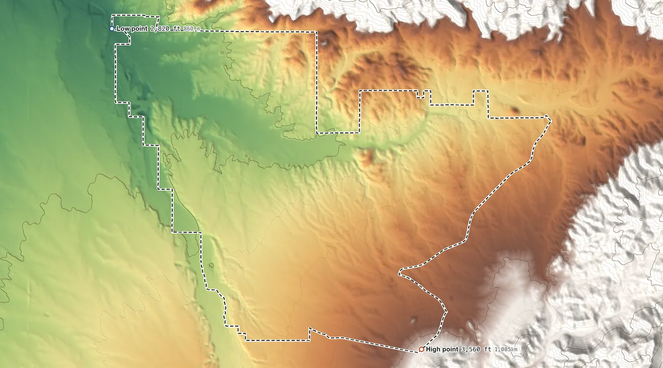 Topographic elevation map of Rincon Valley, Arizona, shaded from 2,820 ft on the northwest side to 3,560 ft at the foot of the Rincon Mountains
