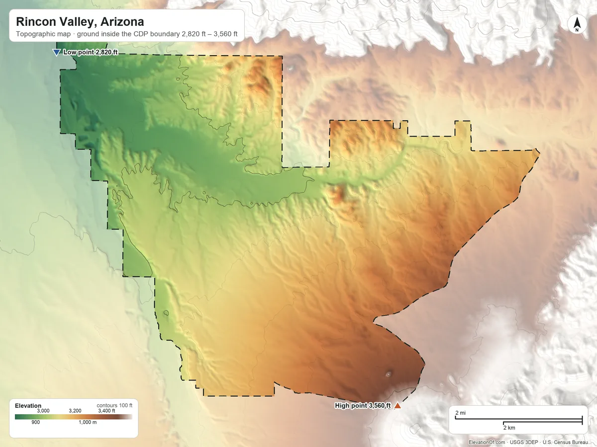 Topographic elevation map of Rincon Valley, Arizona, shaded from 2,820 ft on the northwest side to 3,560 ft at the foot of the Rincon Mountains
