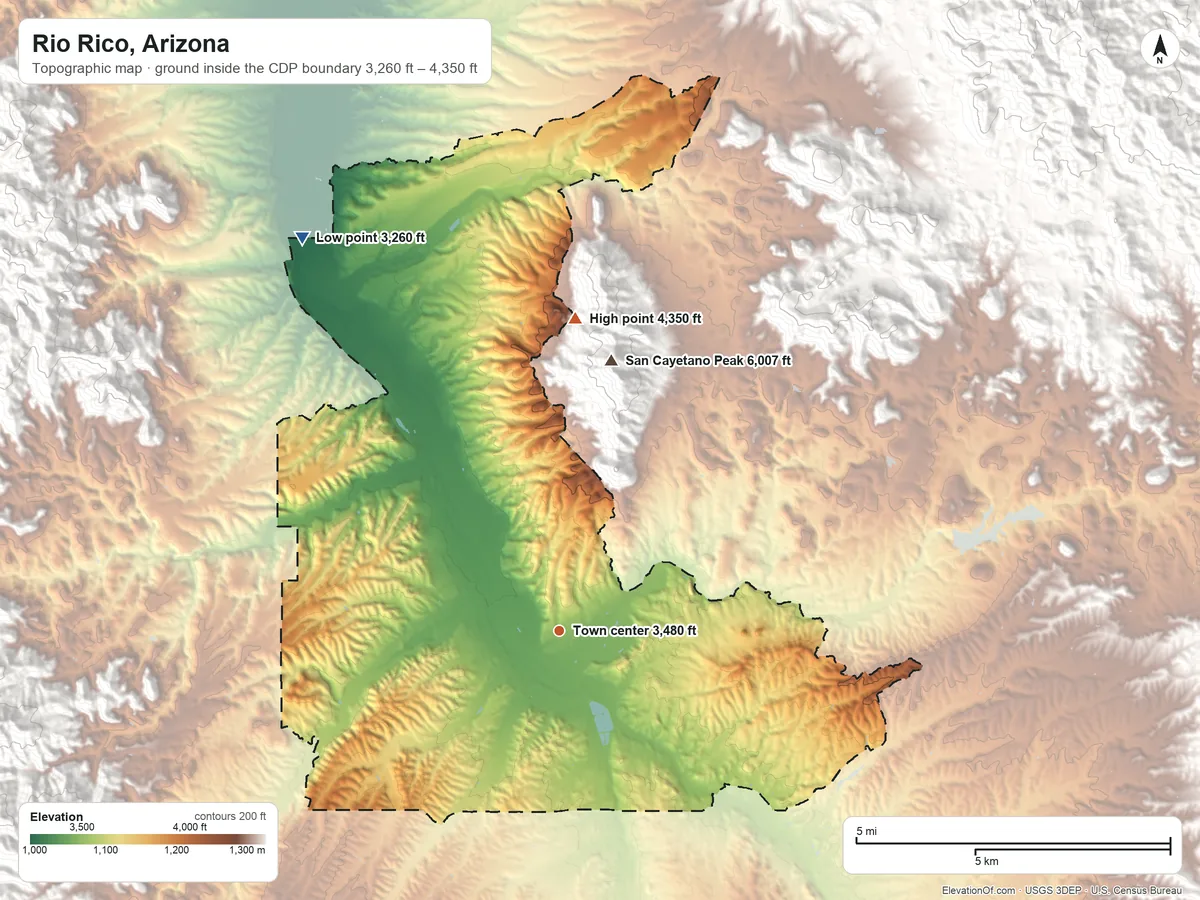 Topographic elevation map of Rio Rico, Arizona, shaded from 3,260 ft on the northwest side to 4,350 ft at the foot of the San Cayetano Mountains