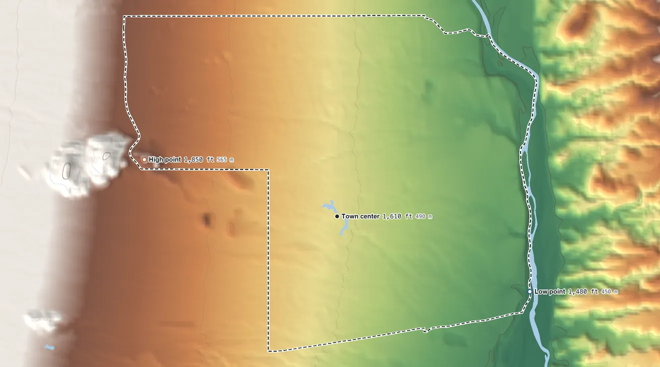 Topographic elevation map of Rio Verde, Arizona, shaded from 1,480 ft on the east side to 1,850 ft on the west side