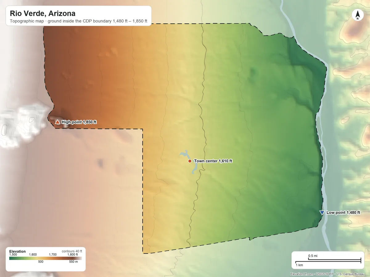Topographic elevation map of Rio Verde, Arizona, shaded from 1,480 ft on the east side to 1,850 ft on the west side