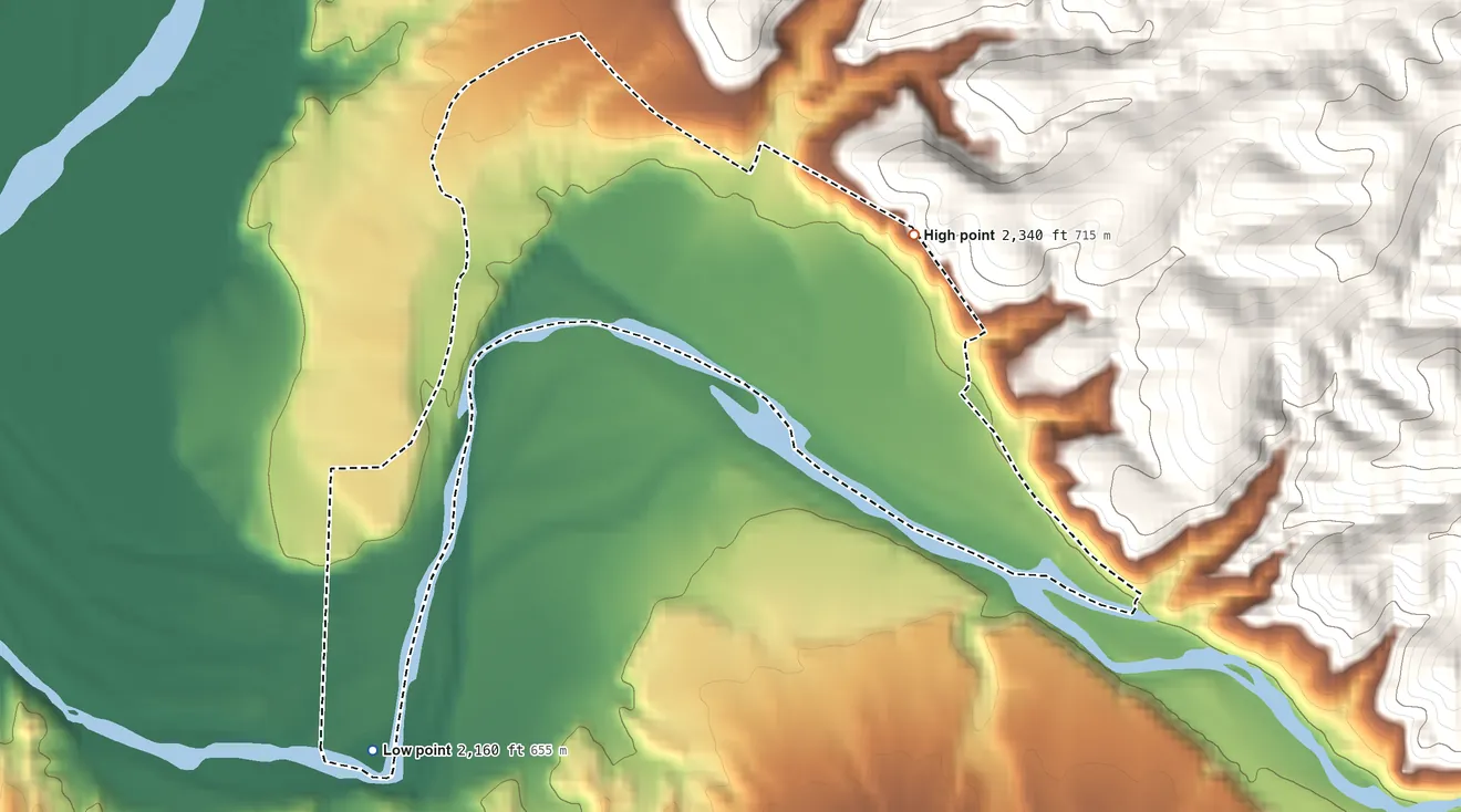 Topographic elevation map of Rock House, Arizona, shaded from 2,160 ft on the south side to 2,340 ft at the foot of the Salt River Mountains