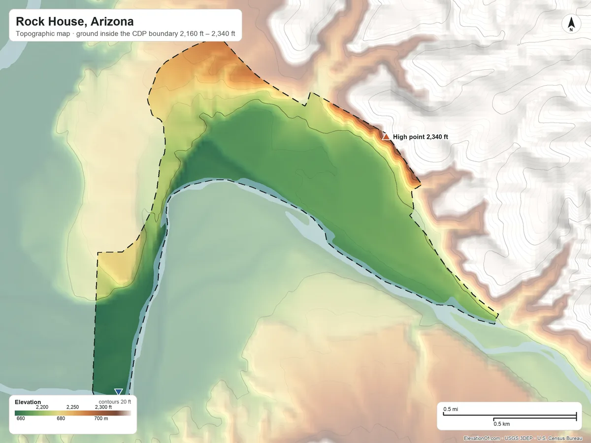 Topographic elevation map of Rock House, Arizona, shaded from 2,160 ft on the south side to 2,340 ft at the foot of the Salt River Mountains