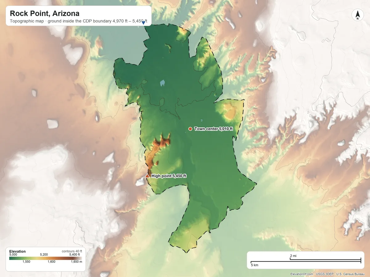 Topographic elevation map of Rock Point, Arizona, shaded from 4,970 ft on the northwest side to 5,450 ft on the southwest side