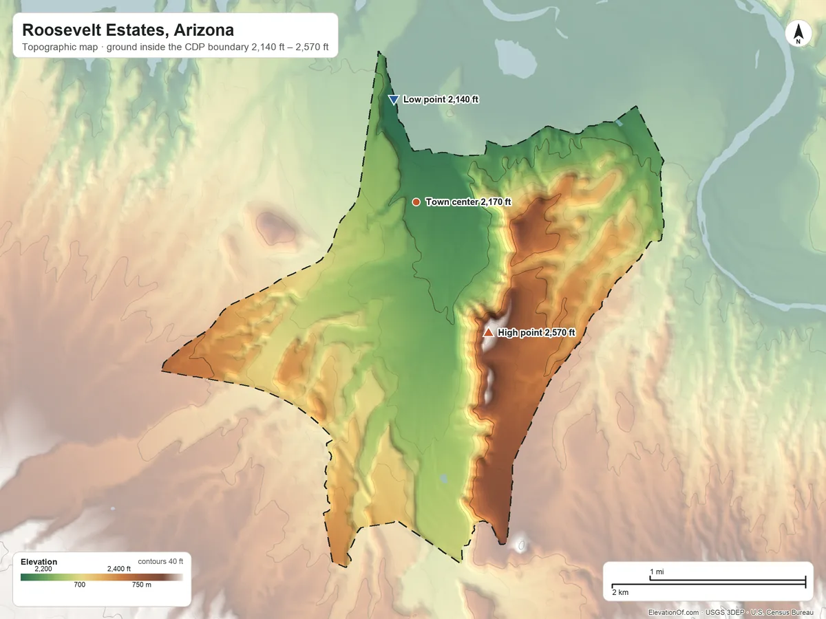 Topographic elevation map of Roosevelt Estates, Arizona, shaded from 2,140 ft on the north side to 2,570 ft on the southeast side