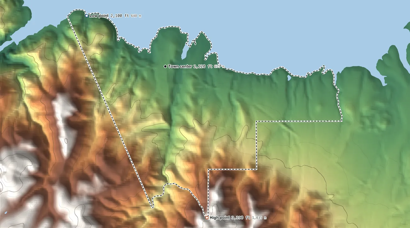 Topographic elevation map of Roosevelt, Arizona, shaded from 2,100 ft on the northwest side to 3,390 ft at the foot of the Salt River Mountains