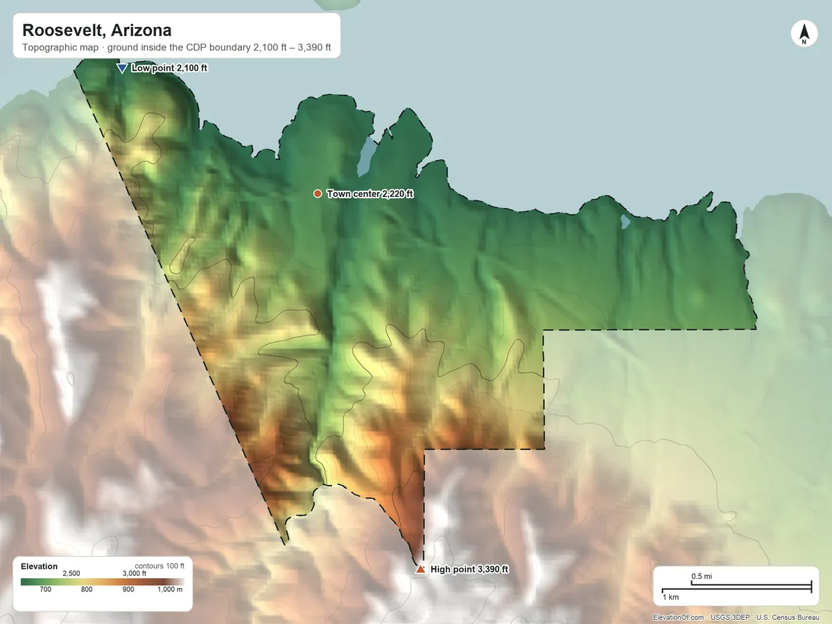 Topographic elevation map of Roosevelt, Arizona, shaded from 2,100 ft on the northwest side to 3,390 ft at the foot of the Salt River Mountains
