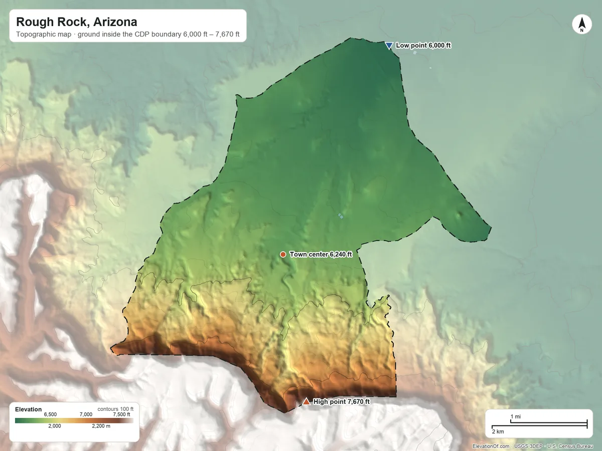 Topographic elevation map of Rough Rock, Arizona, shaded from 6,000 ft on the northeast side to 7,670 ft on the south edge, below higher ground just outside