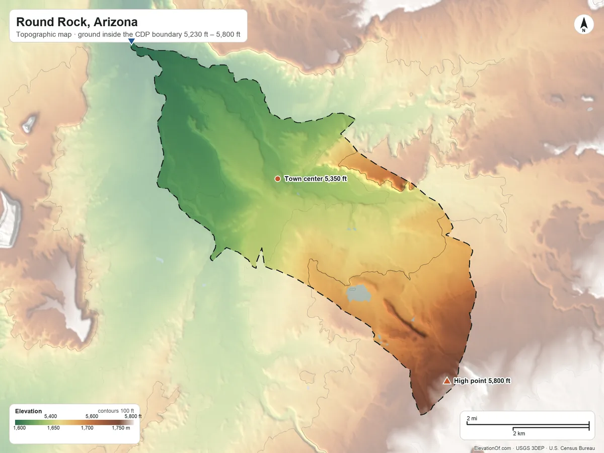 Topographic elevation map of Round Rock, Arizona, shaded from 5,230 ft on the northwest side to 5,800 ft on Big Mountain