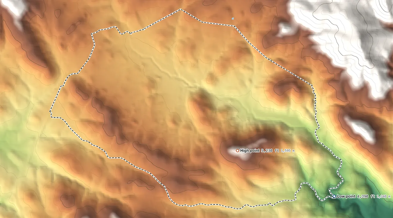 Topographic elevation map of Round Valley, Arizona, shaded from 4,390 ft on the southeast side to 5,230 ft at the foot of the Green Valley Hills