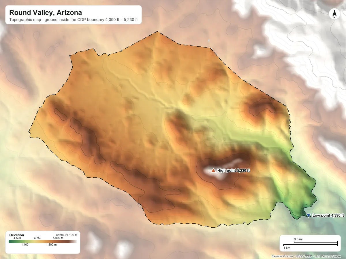 Topographic elevation map of Round Valley, Arizona, shaded from 4,390 ft on the southeast side to 5,230 ft at the foot of the Green Valley Hills