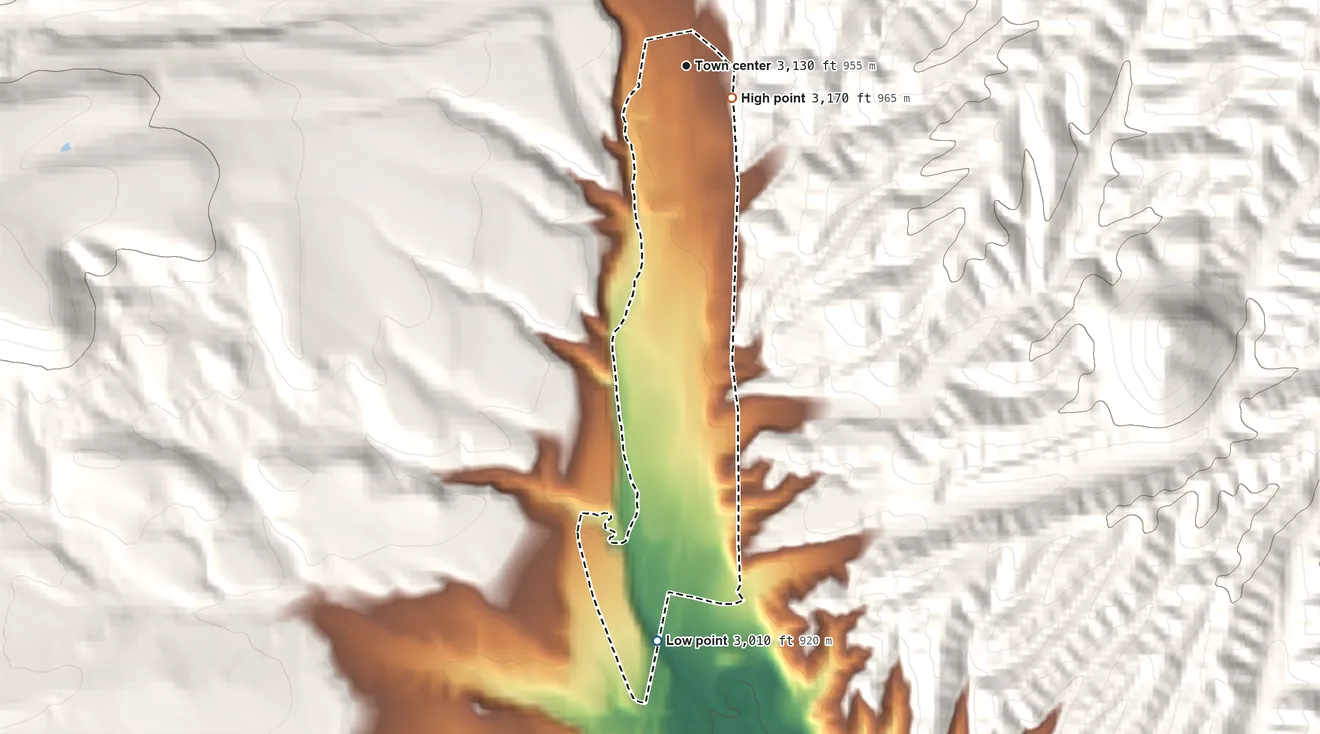 Topographic elevation map of Rye, Arizona, shaded from 3,010 ft on the south side to 3,170 ft at the foot of the Mazatzal Mountains