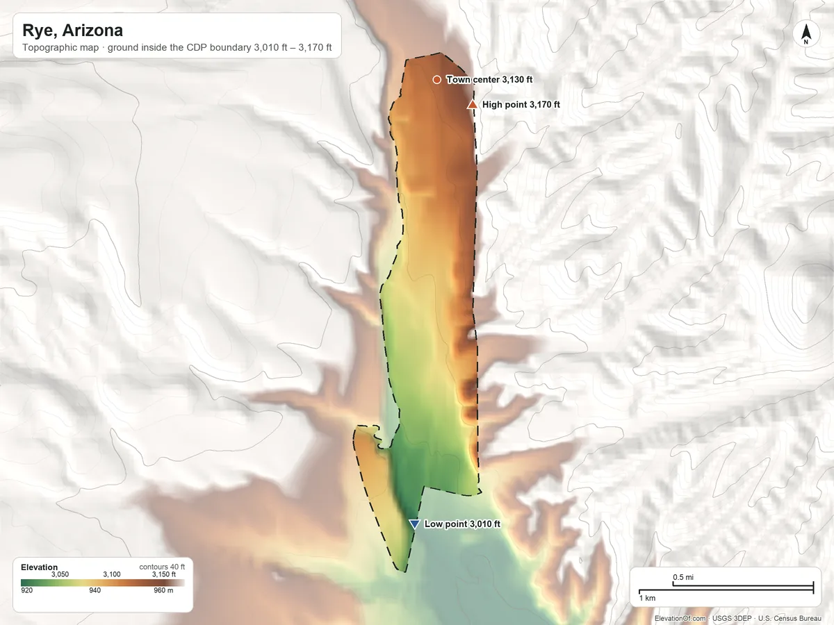 Topographic elevation map of Rye, Arizona, shaded from 3,010 ft on the south side to 3,170 ft at the foot of the Mazatzal Mountains