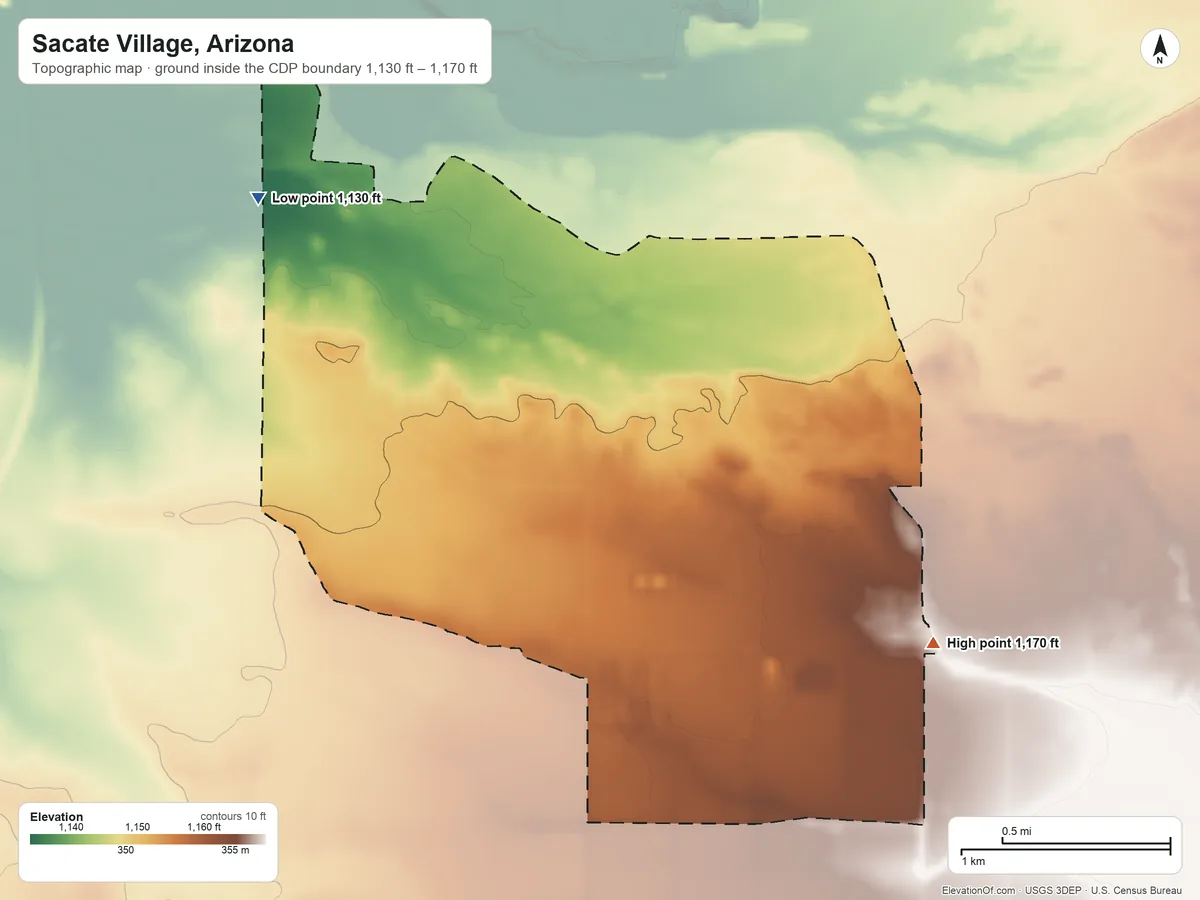 Topographic elevation map of Sacate Village, Arizona, shaded from 1,130 ft on the northwest side to 1,170 ft on the east side