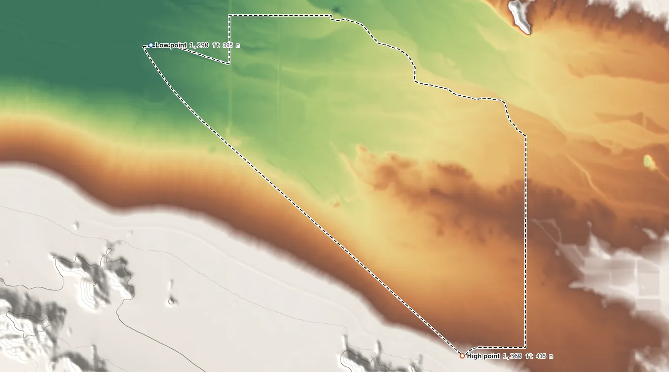 Topographic elevation map of Sacaton Flats Village, Arizona, shaded from 1,290 ft on the west side to 1,360 ft at the foot of the Sacaton Mountains
