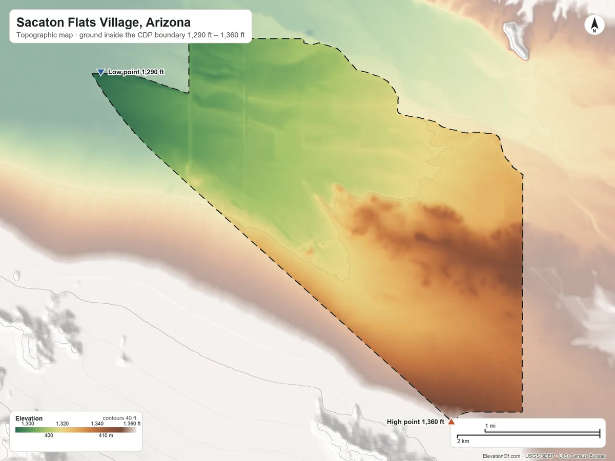 Topographic elevation map of Sacaton Flats Village, Arizona, shaded from 1,290 ft on the west side to 1,360 ft at the foot of the Sacaton Mountains
