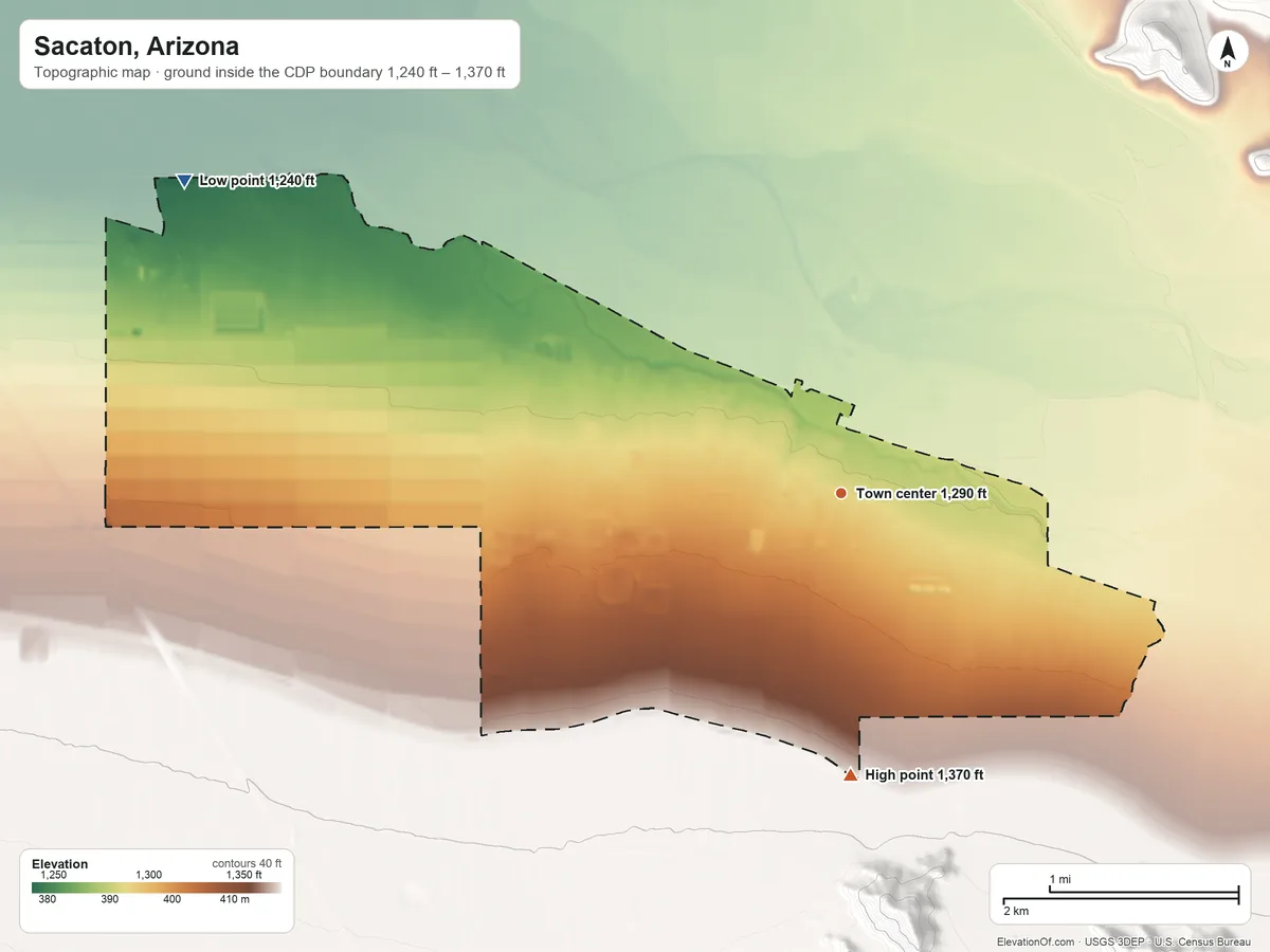 Topographic elevation map of Sacaton, Arizona, shaded from 1,240 ft on the northwest side to 1,370 ft at the foot of the Sacaton Mountains