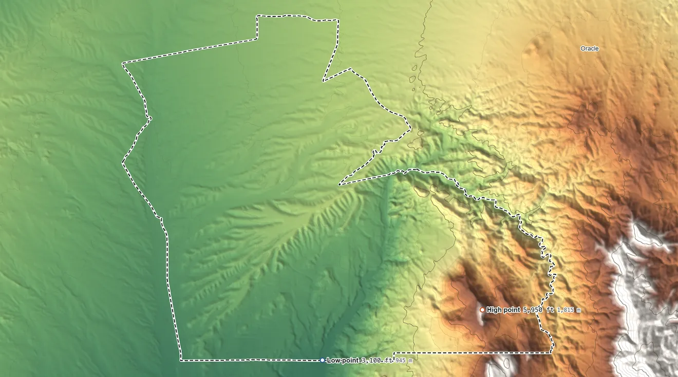 Topographic elevation map of Saddlebrooke, Arizona, shaded from 3,100 ft on the southeast side to 5,950 ft at the foot of the Santa Catalina Mountains