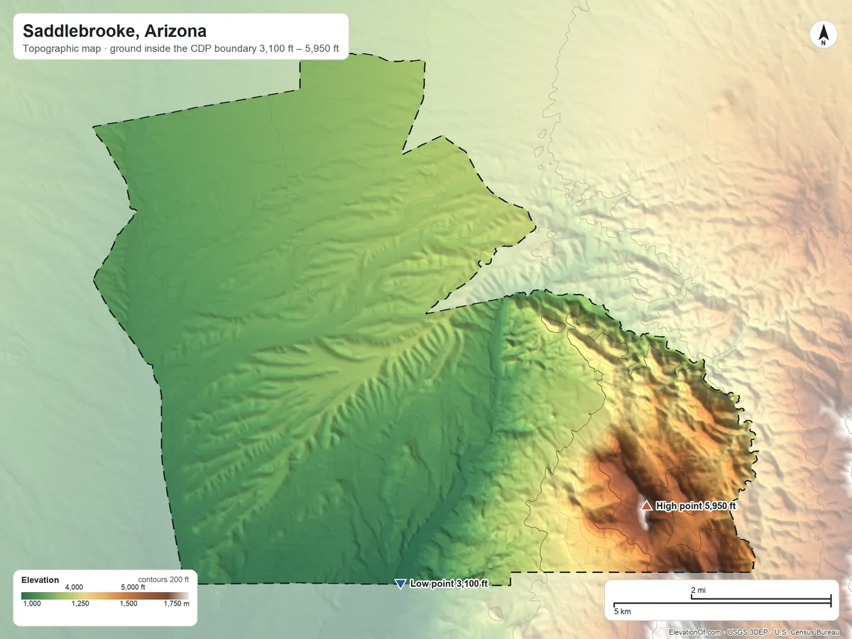 Topographic elevation map of Saddlebrooke, Arizona, shaded from 3,100 ft on the southeast side to 5,950 ft at the foot of the Santa Catalina Mountains