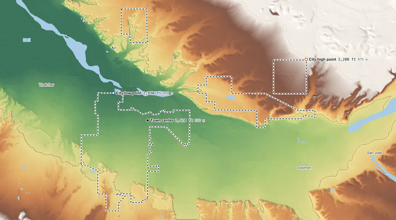 Topographic elevation map of Safford, Arizona, shaded from 2,890 ft on the northwest side to 3,200 ft on the east side