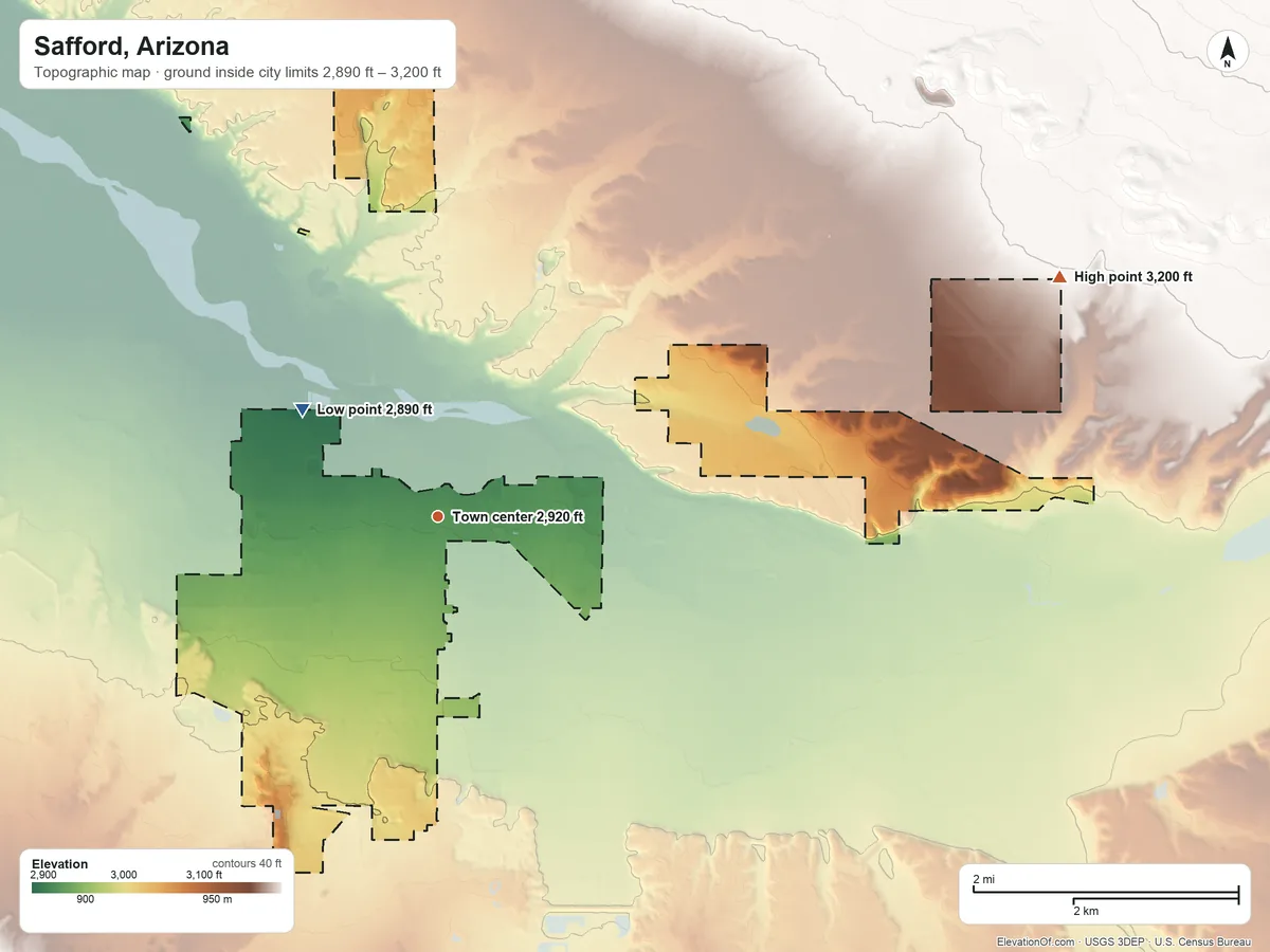 Topographic elevation map of Safford, Arizona, shaded from 2,890 ft on the northwest side to 3,200 ft on the east side