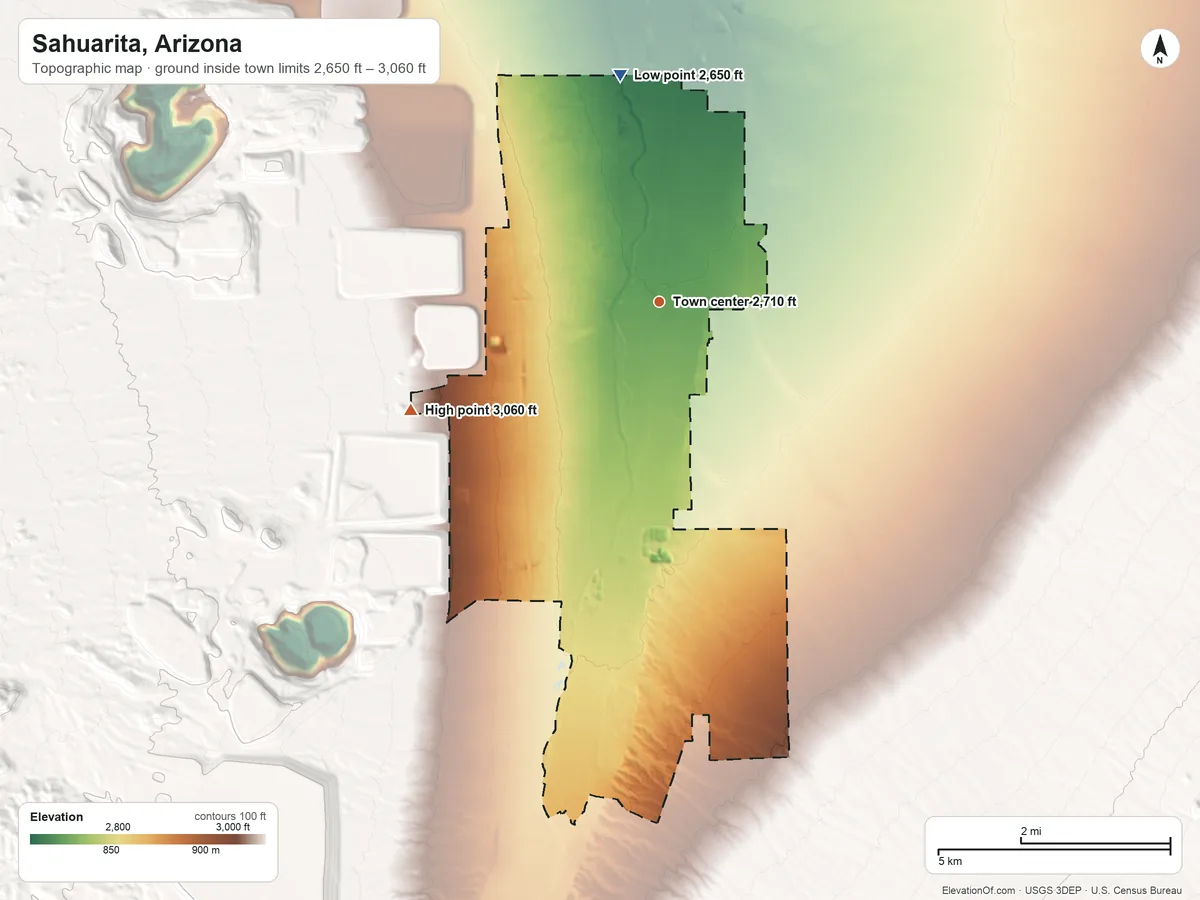 Topographic elevation map of Sahuarita, Arizona, shaded from 2,650 ft on the north side to 3,060 ft at the foot of the Sierrita Mountains
