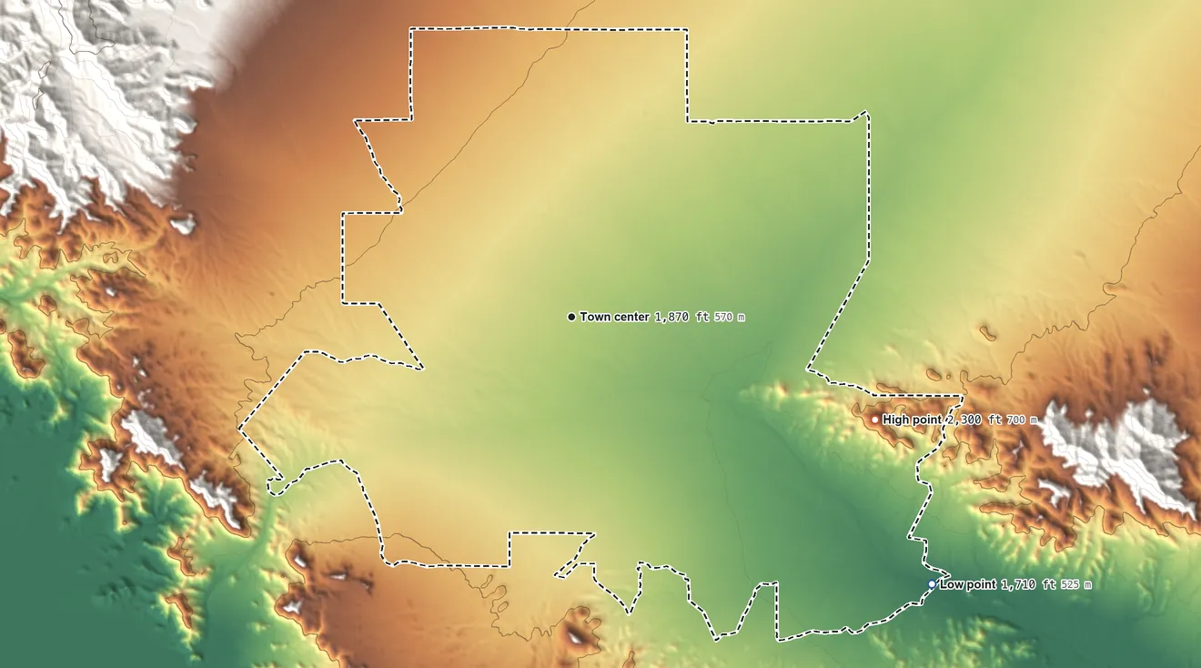 Topographic elevation map of Salome, Arizona, shaded from 1,710 ft on the southeast side to 2,300 ft on S Mountain