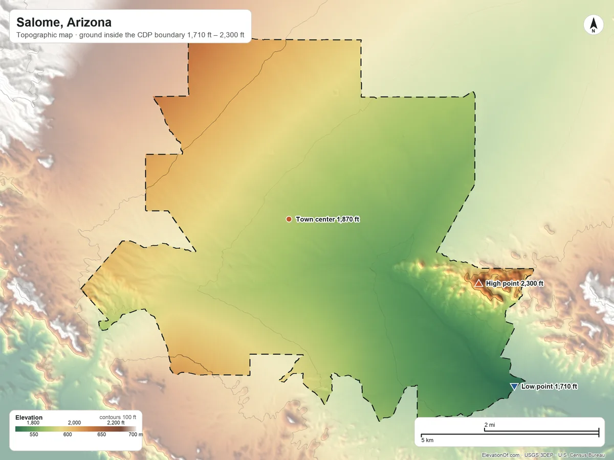 Topographic elevation map of Salome, Arizona, shaded from 1,710 ft on the southeast side to 2,300 ft on S Mountain